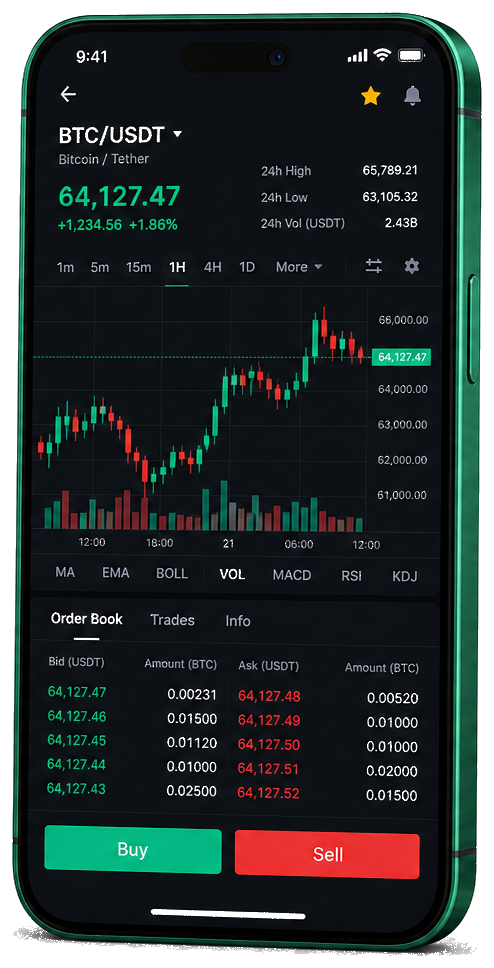 Mobiele handelsinterface van Vast Rijpendom — live BTC/USDT-grafiek met orderboek en functies voor kopen en verkopen